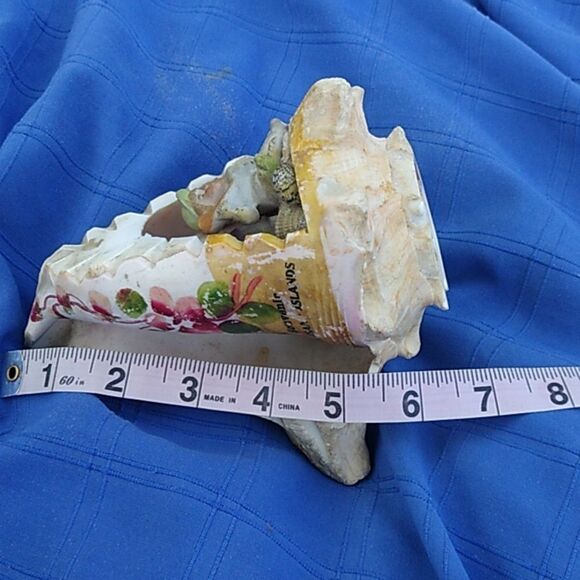 Vintage Hand painted Conch Shell Figurine Boy w/ Horn Scene Diorama Decor
